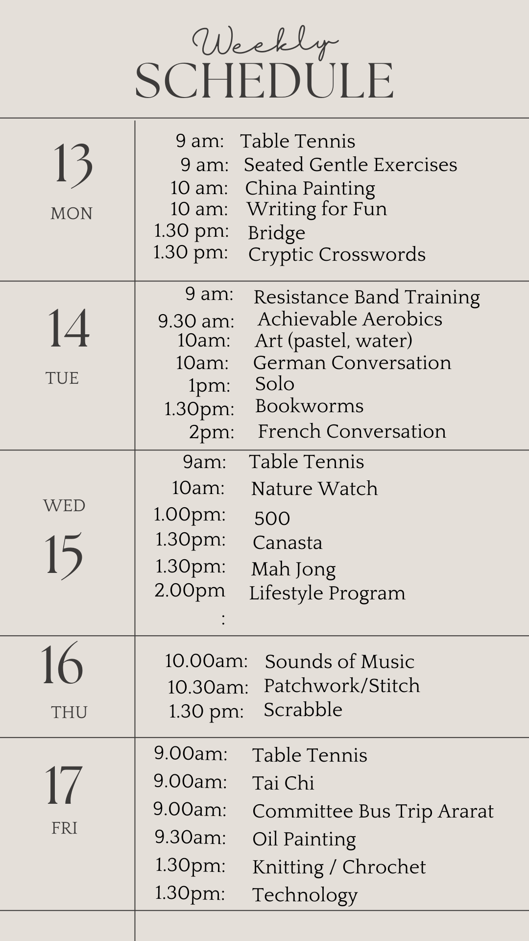 _u3a weekly schedule may 13 2024