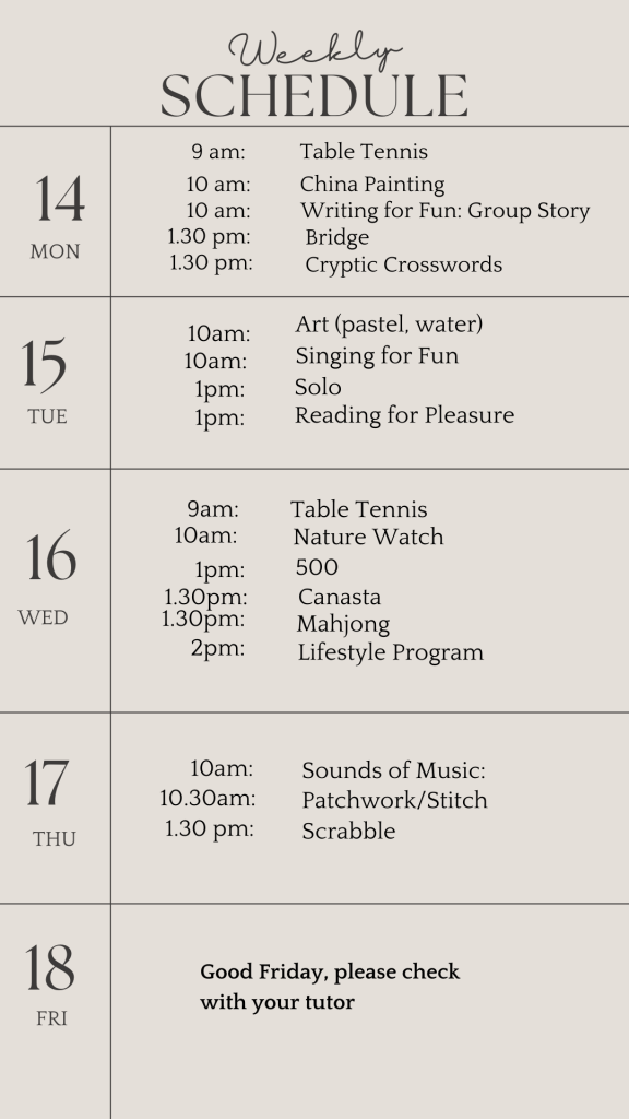 u3a weekly schedule april 14 2025
