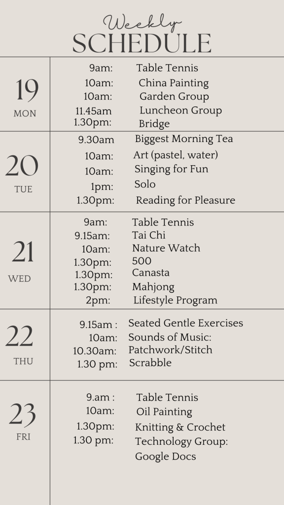 u3a weekly schedule may 19 2025