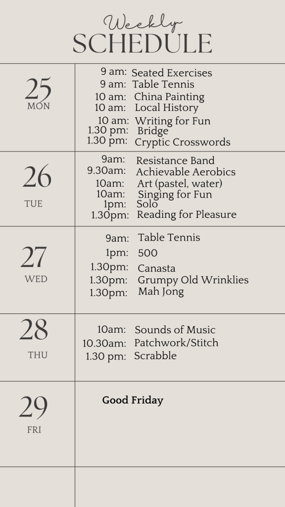 Weekly schedule March 25th
