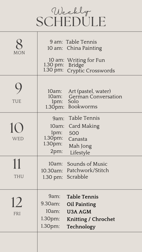 _u3a weekly schedule april 8 2024