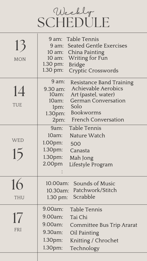 _u3a weekly schedule may 13 2024