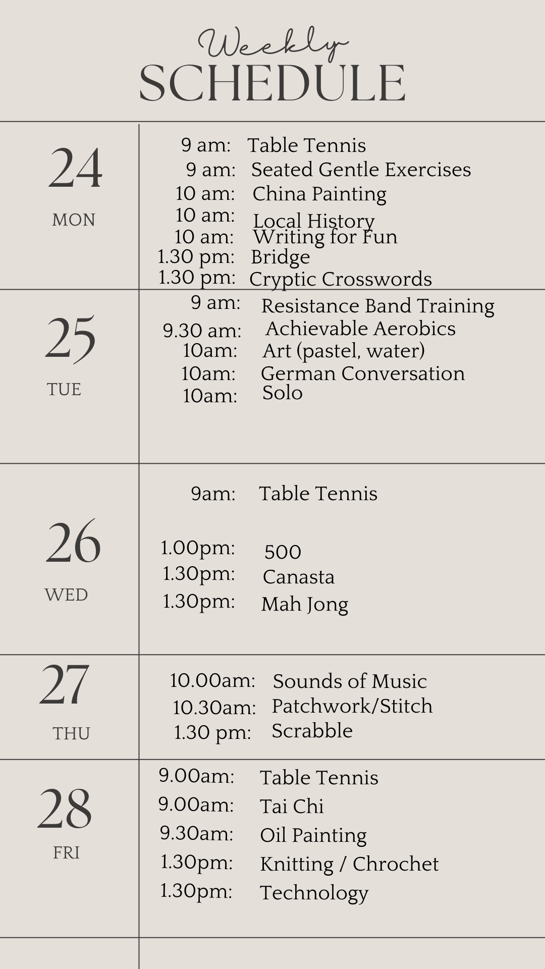 u3a weekly schedule june 24 2024