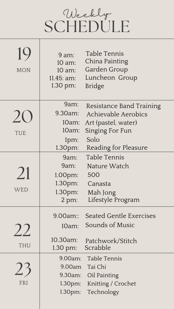 u3a weekly schedule .august 19 2024