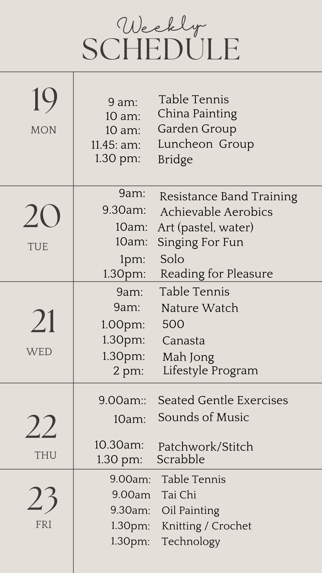 u3a weekly schedule .august 19 2024