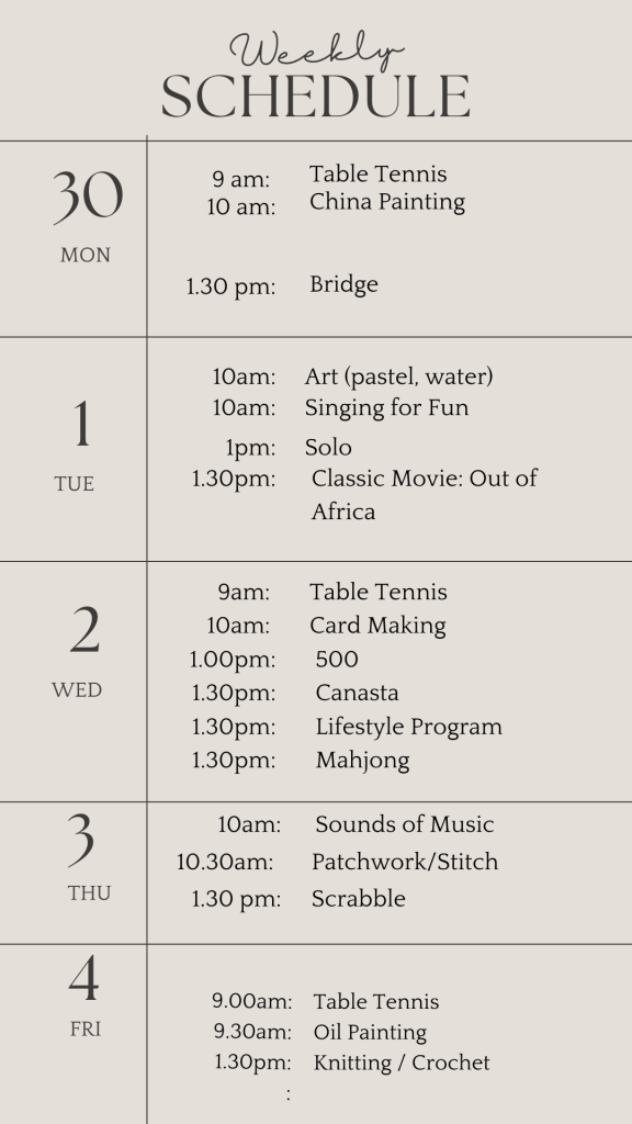 U3a weekly schedule .september 30 2024