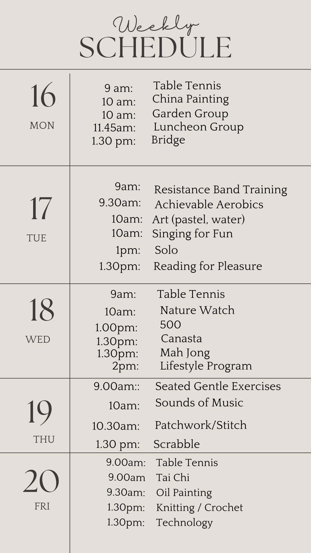 _u3a weekly schedule .september 16 2024