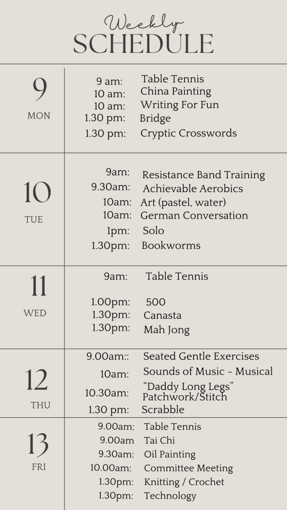 u3a weekly schedule .september 9 2024
