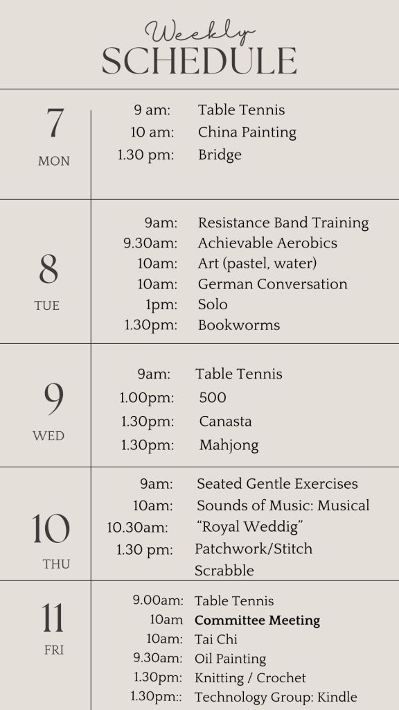 U3a weekly schedule .soctober 72024