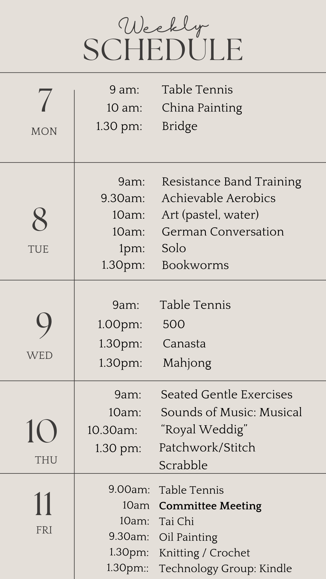 U3a weekly schedule .soctober 72024