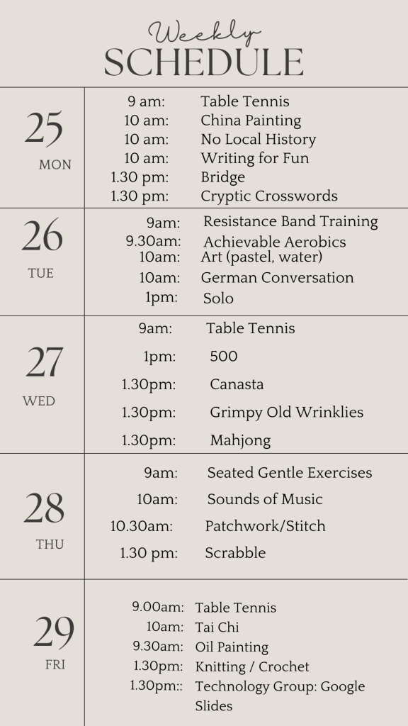 u3a weekly schedule november 25 2024