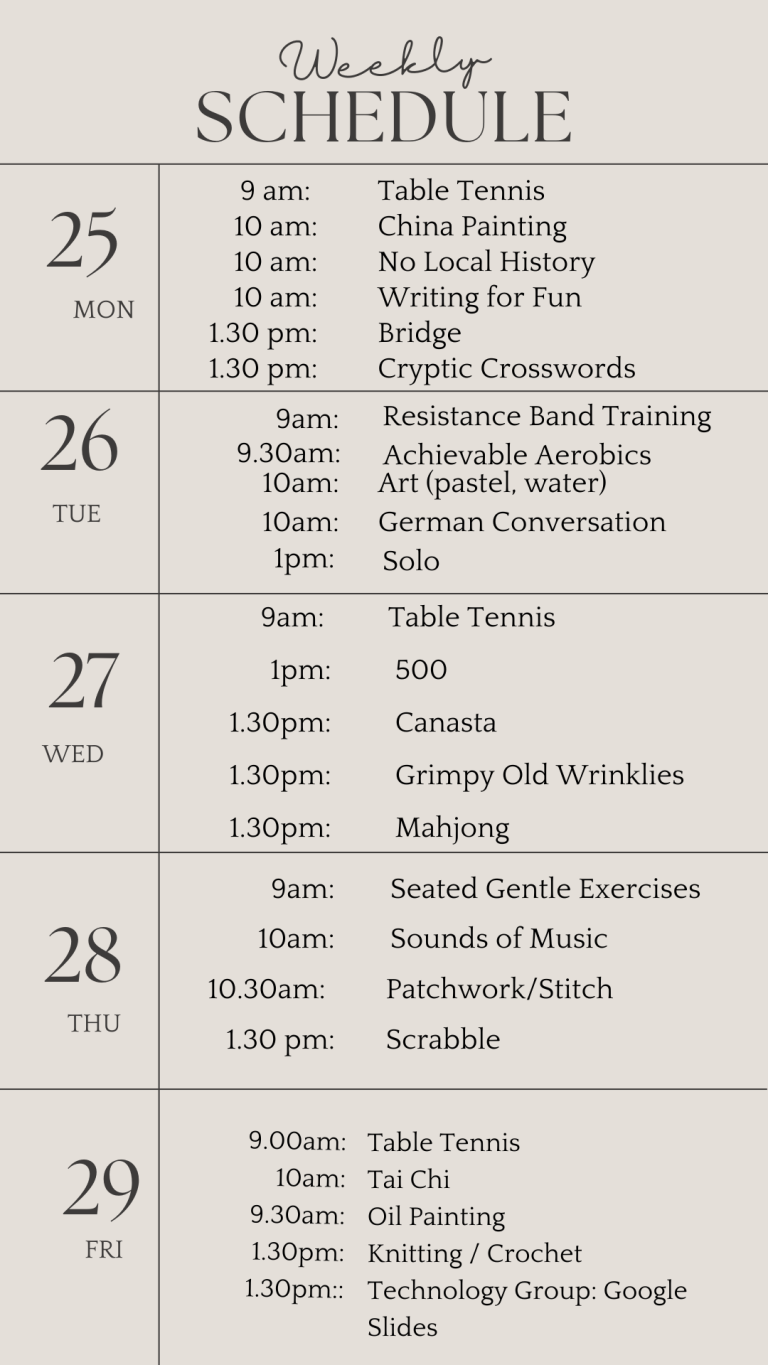 u3a weekly schedule november 25 2024