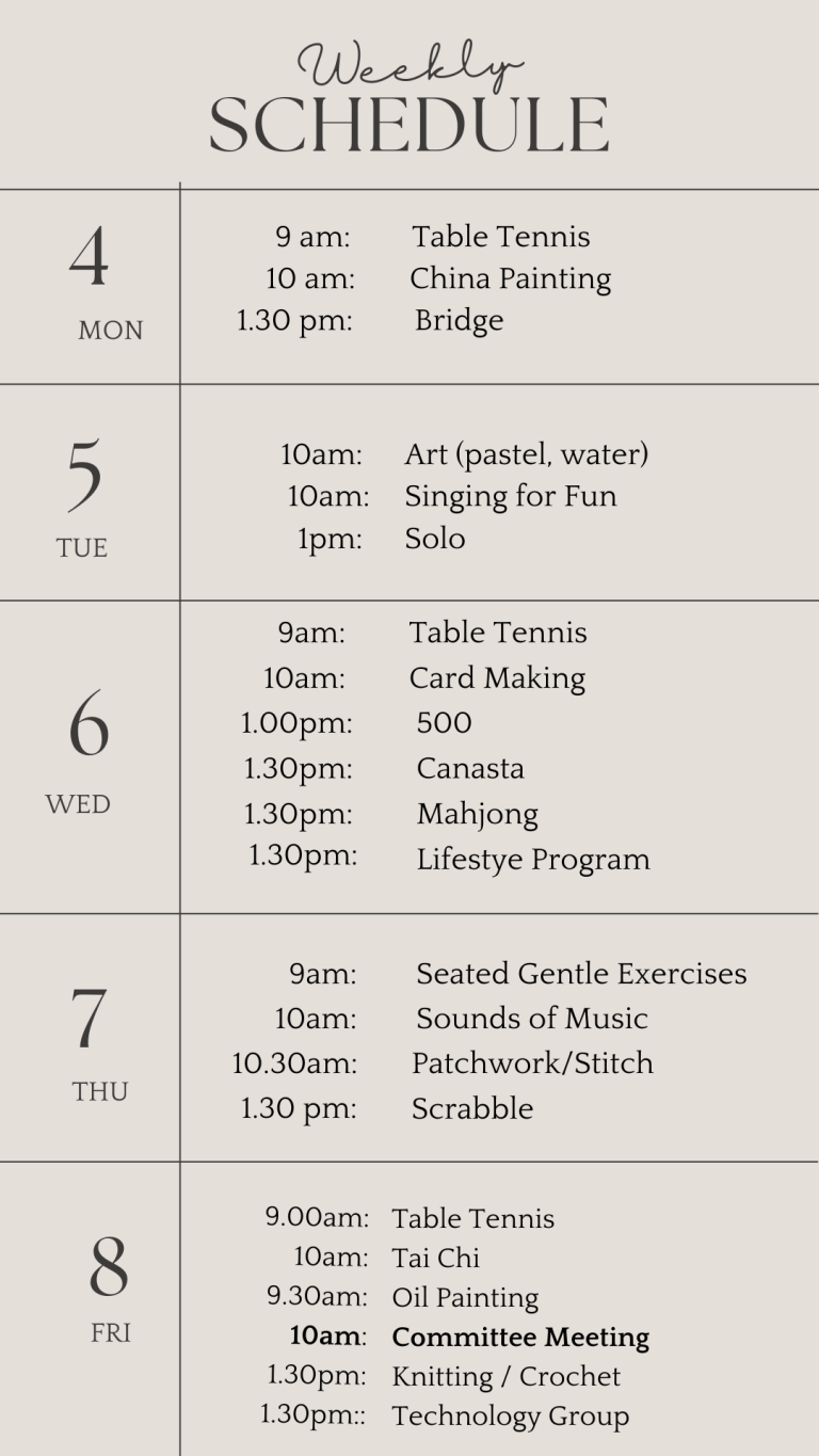 u3a weekly schedule november 4 2024