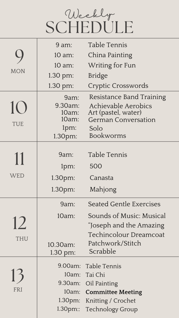 u3a weekly schedule december 9th 2024