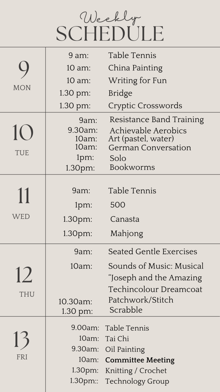 u3a weekly schedule december 9th 2024
