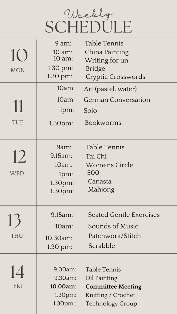 _u3a weekly schedule february 10th 2025