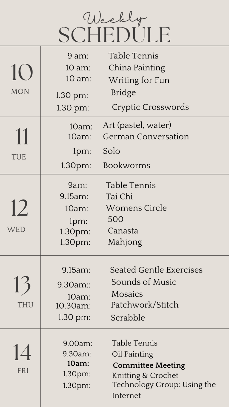 u3a weekly schedule march 10 2025