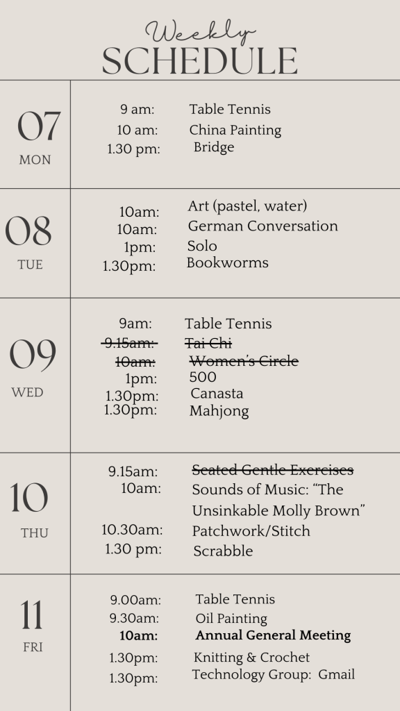 u3a weekly schedule april 7 2025