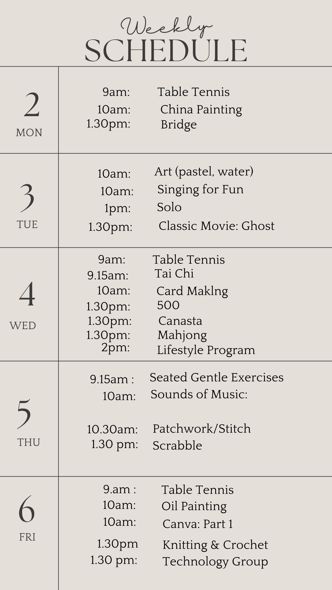 u3a weekly schedule june 2 2025