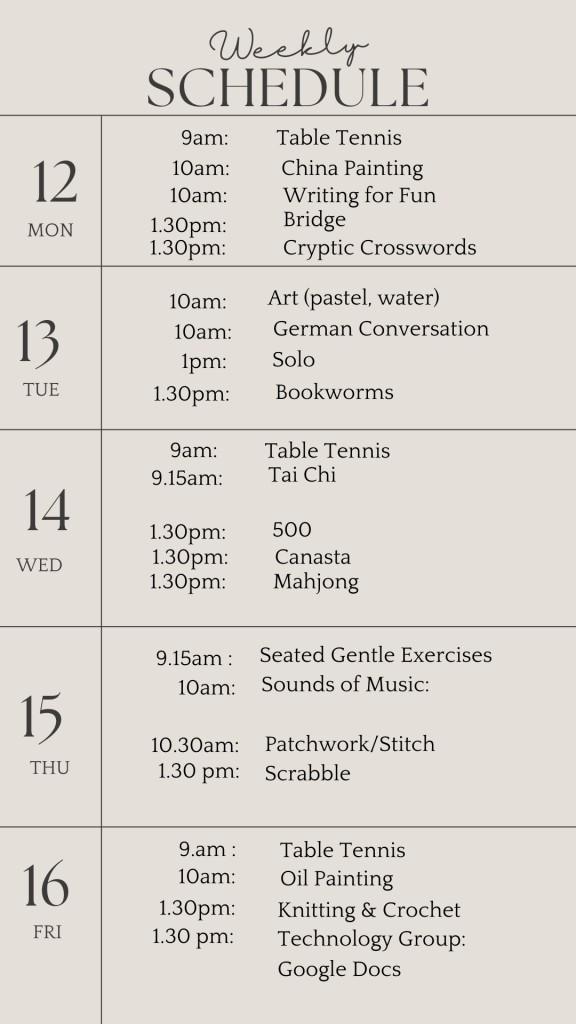 u3a weekly schedule may 12 2025