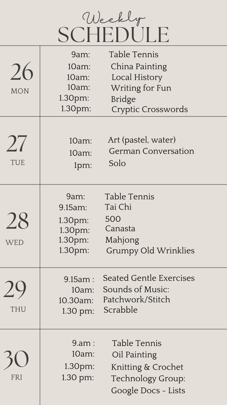 u3a weekly schedule may 26 2025