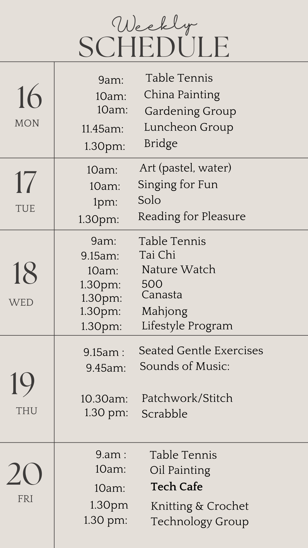 u3a weekly schedule june 16 2025