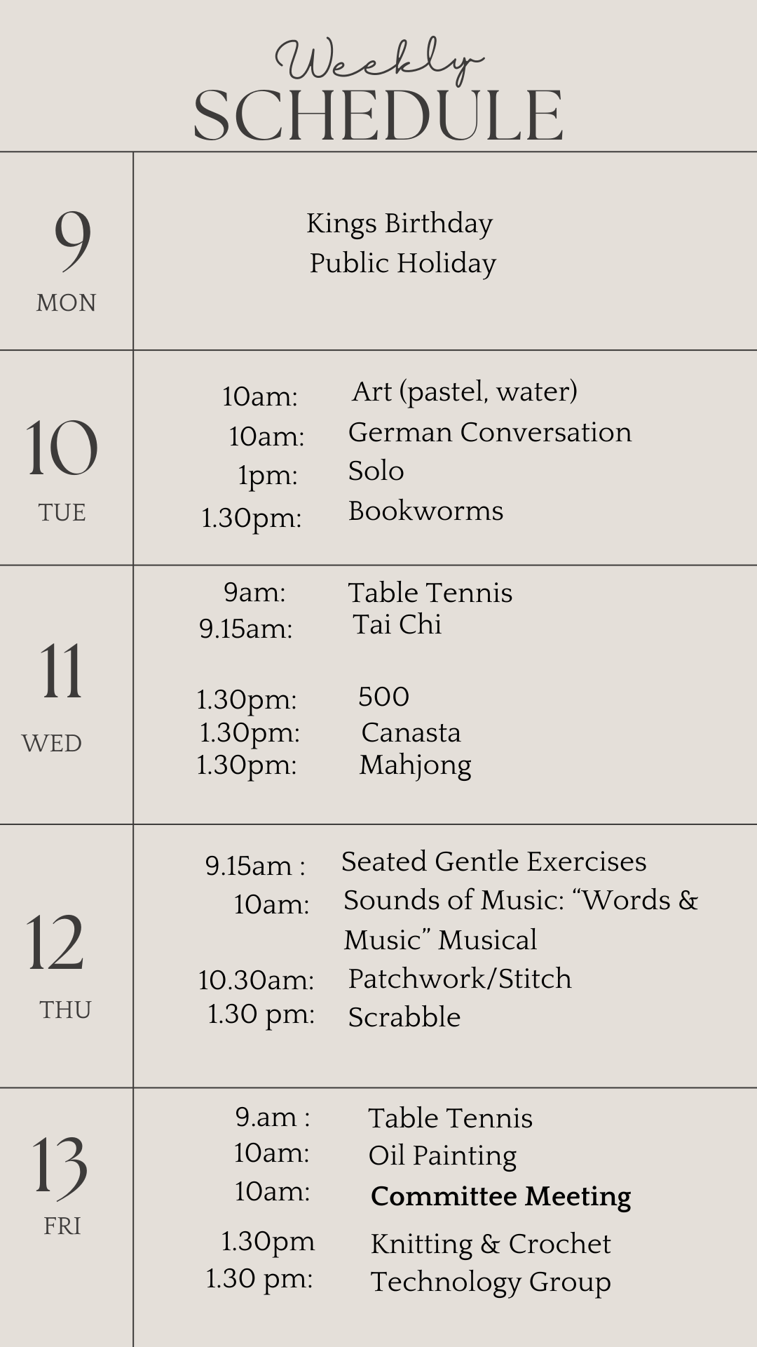 u3a weekly schedule june 9 2025