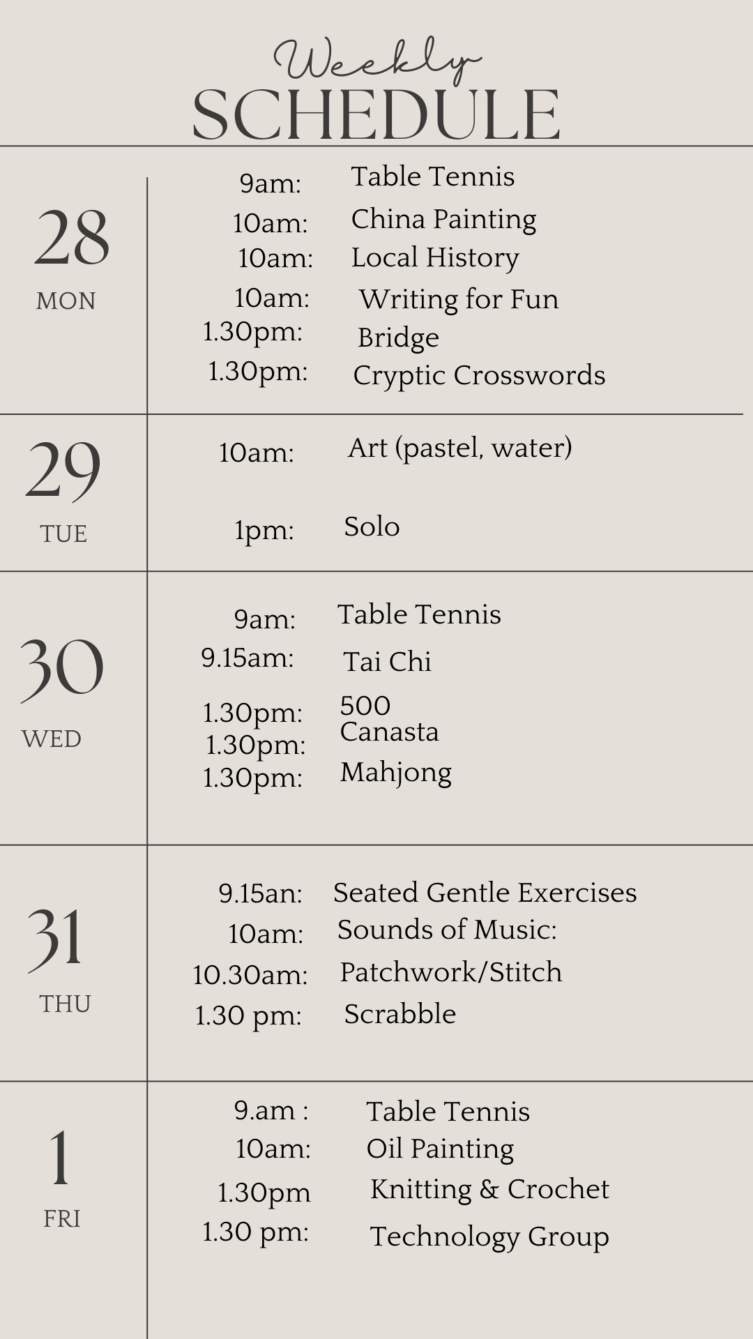 _u3a weekly schedule july 28 2025