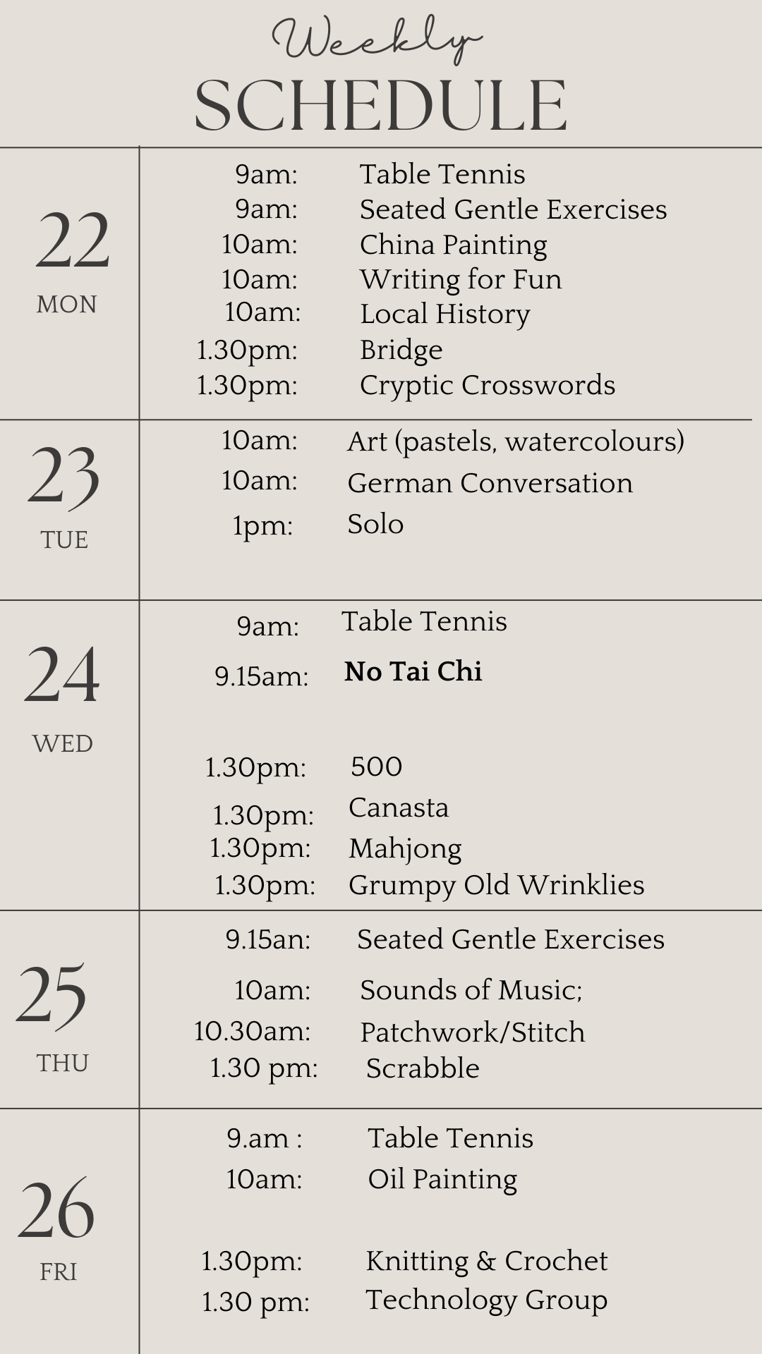 u3a weekly schedule sep225 2025