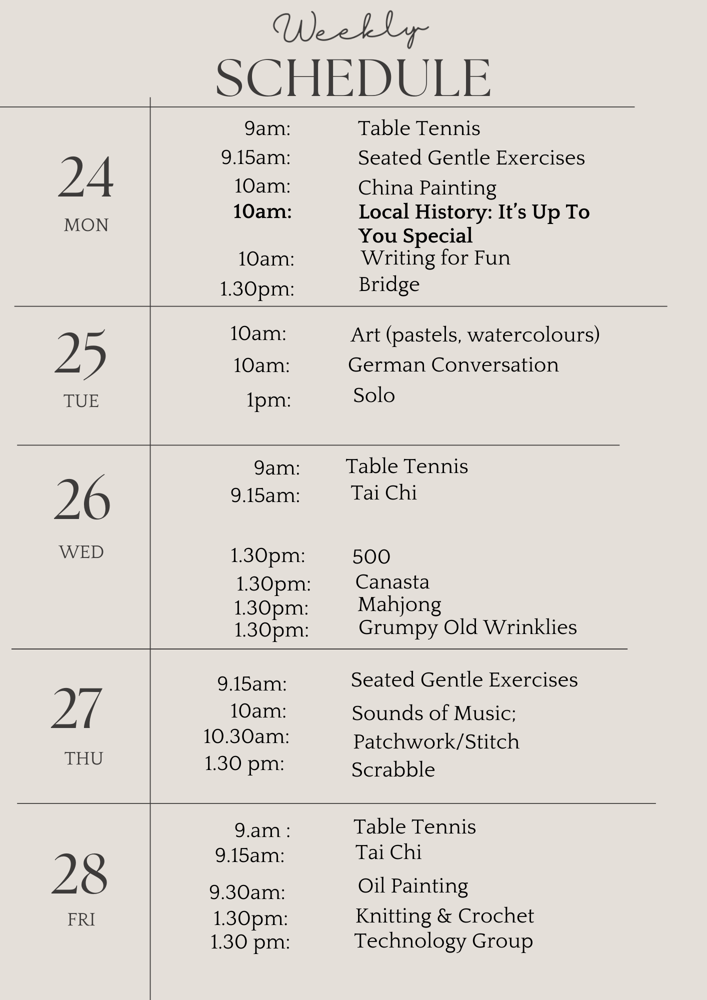 U3a weekly schedule nov 24 2025