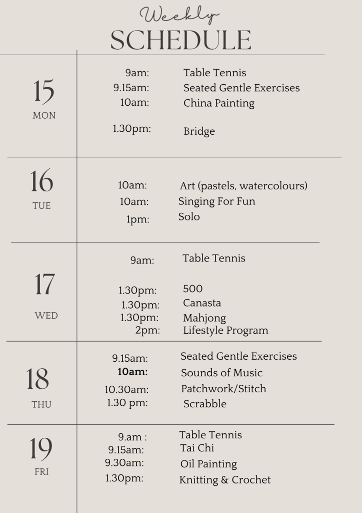 U3a weekly schedule dec 15 2025