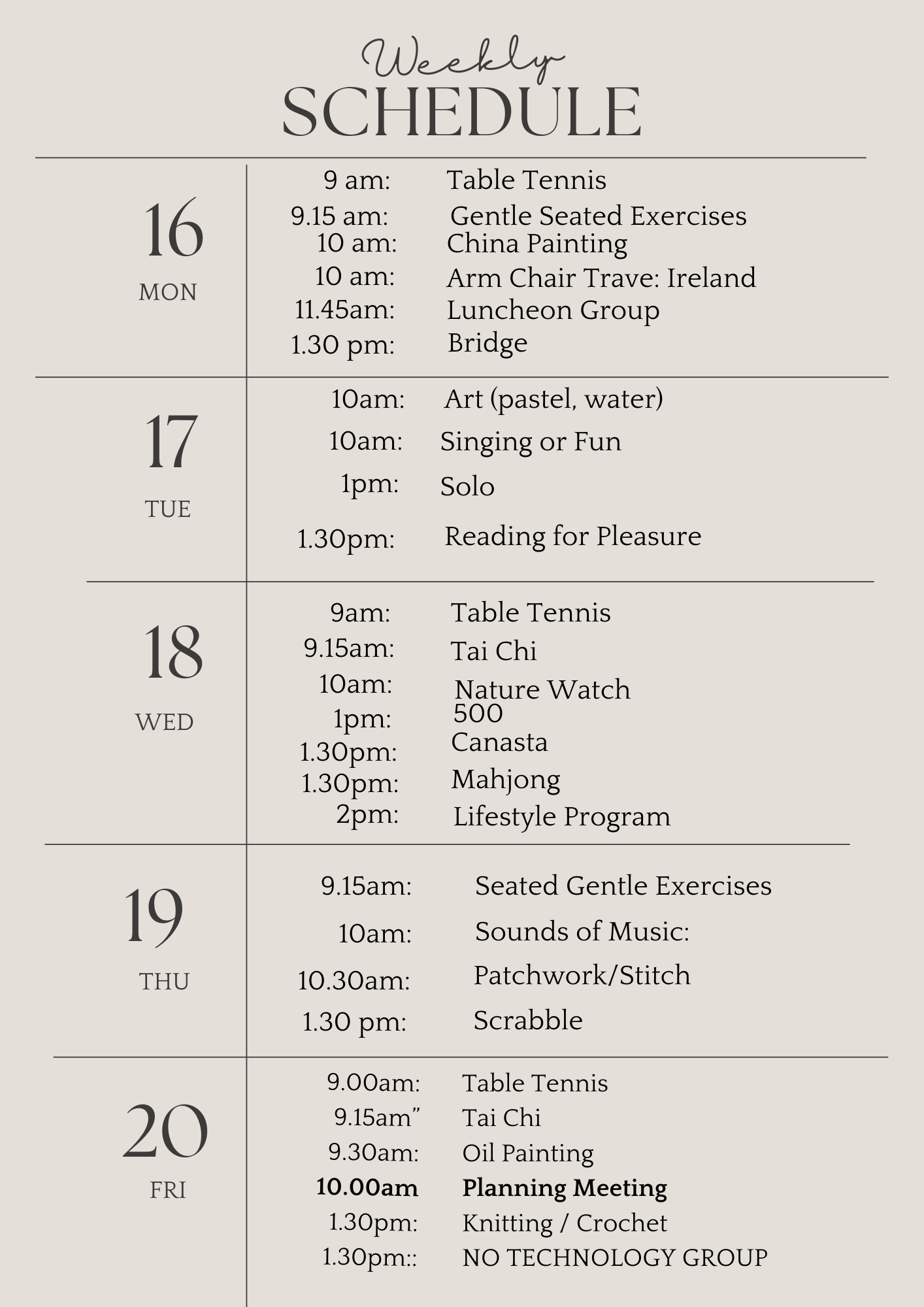 u3a weekly schedule february 16th 2026 (Flyer (A4))