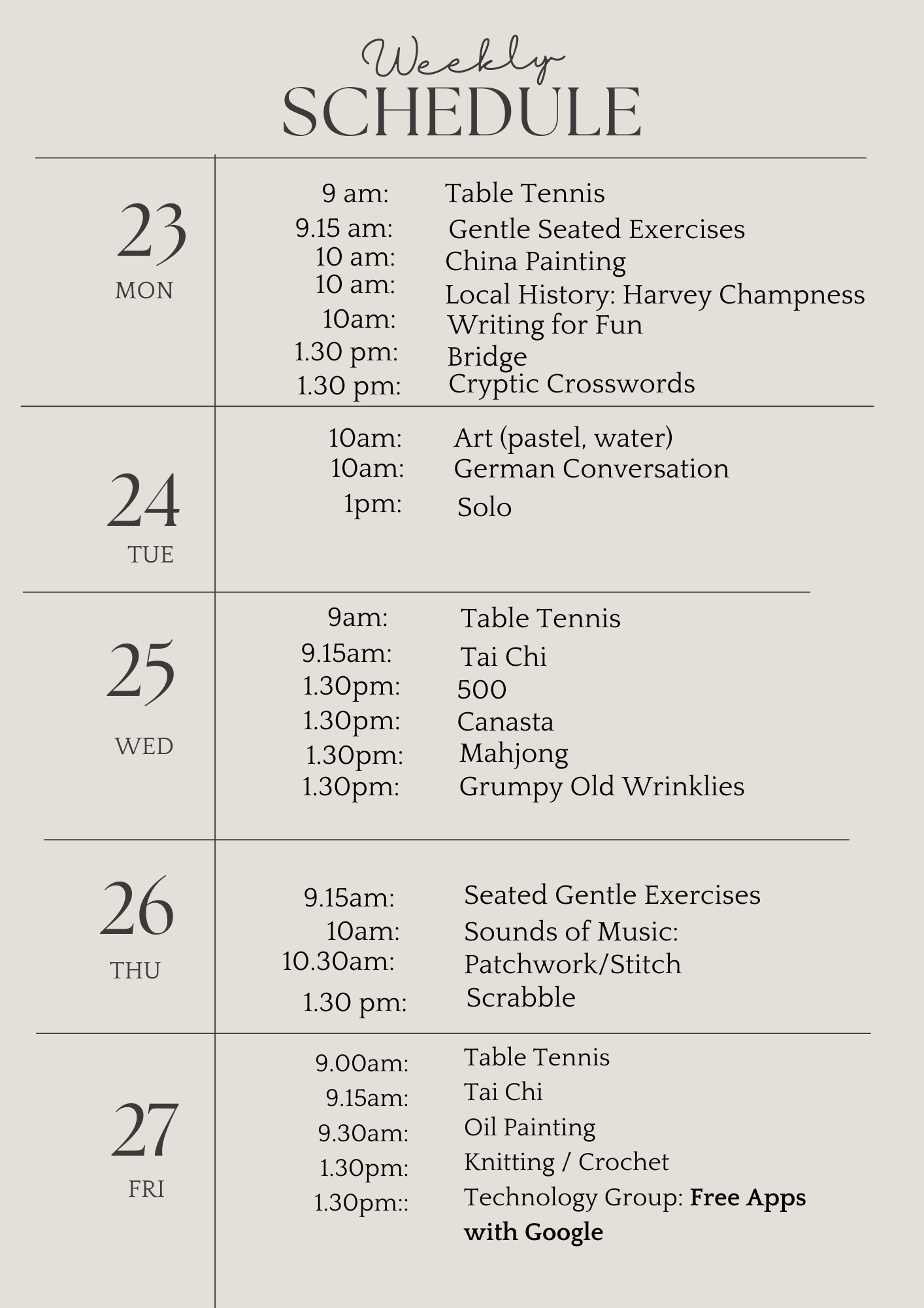 u3a weekly schedule march 23rd 2026 (Flyer (A4))
