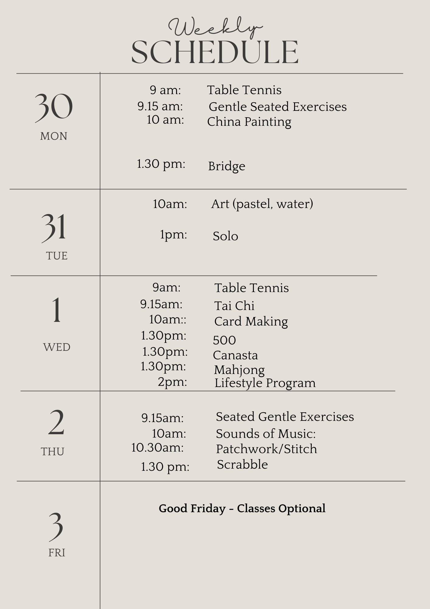 u3a weekly schedule march 30th 2026 (Flyer (A4))