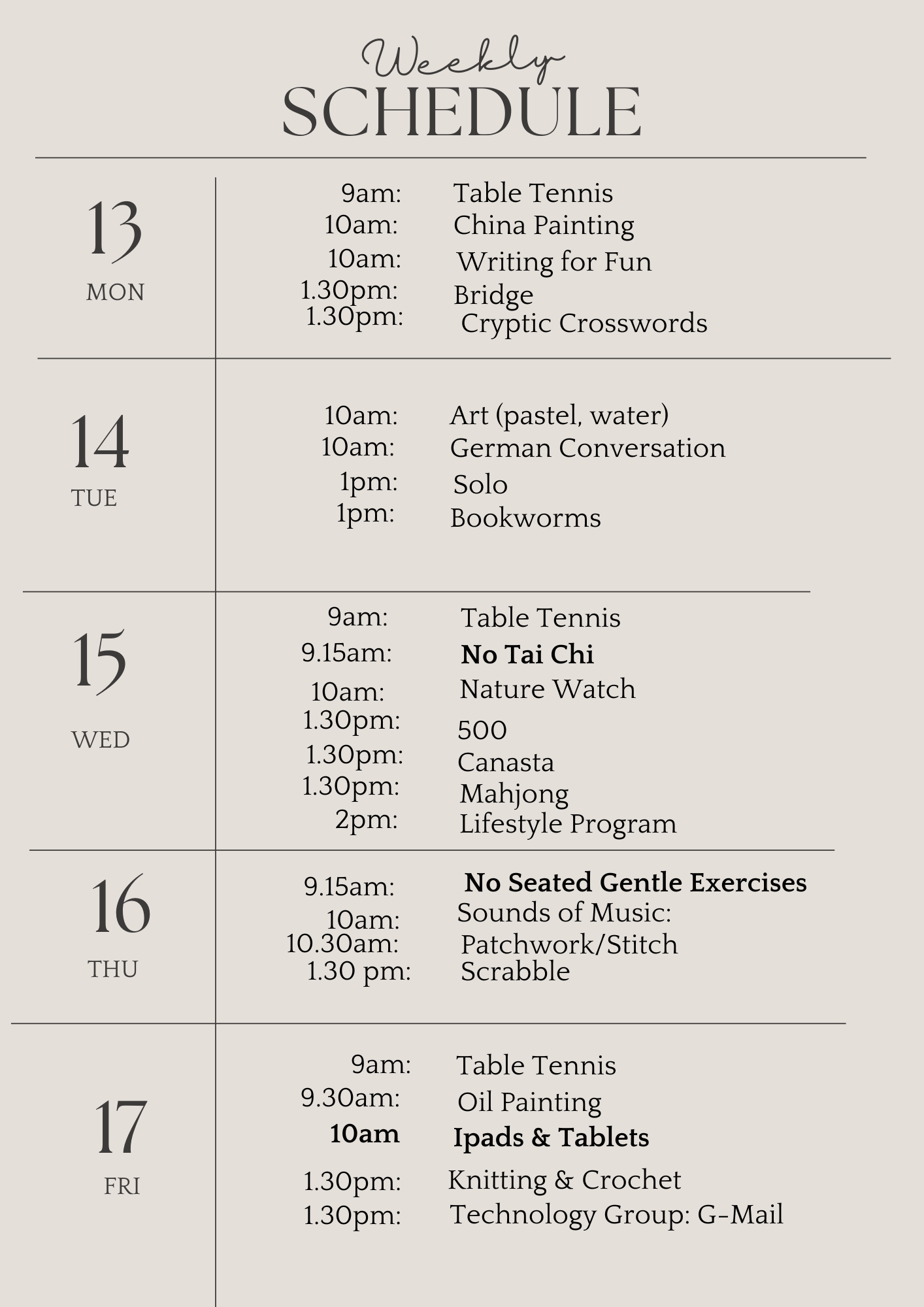u3a weekly schedule april 13th 2026 (Flyer (A4))