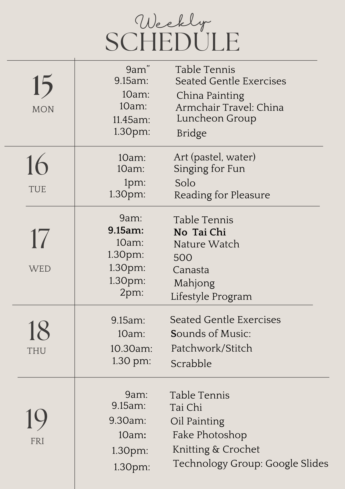 u3a weekly schedule june 15th 2026 (Flyer (A4))