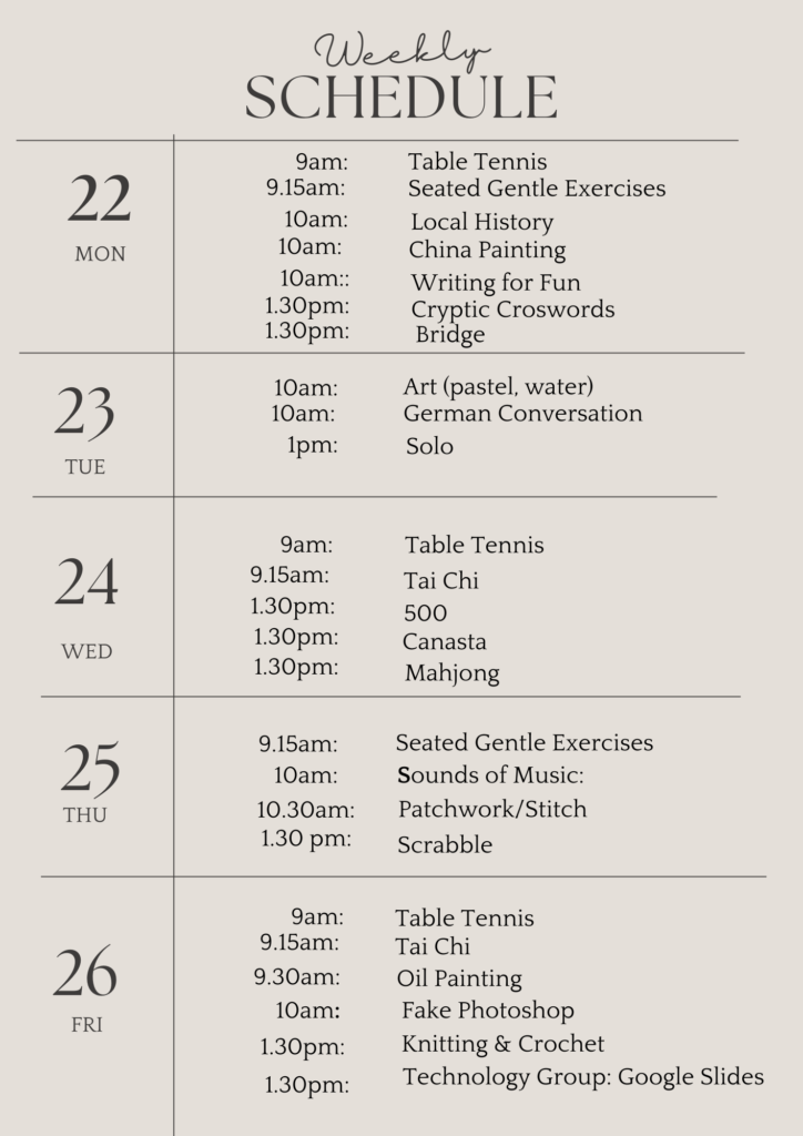 u3a weekly schedule june 22nd 2026 (Flyer (A4))