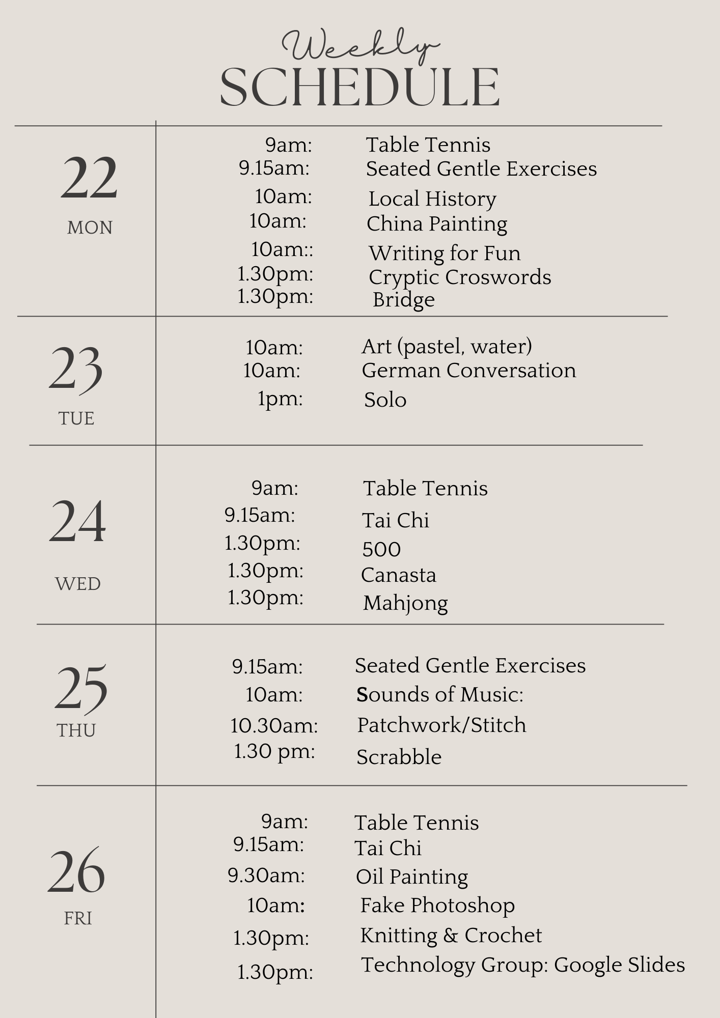 u3a weekly schedule june 22nd 2026 (Flyer (A4))