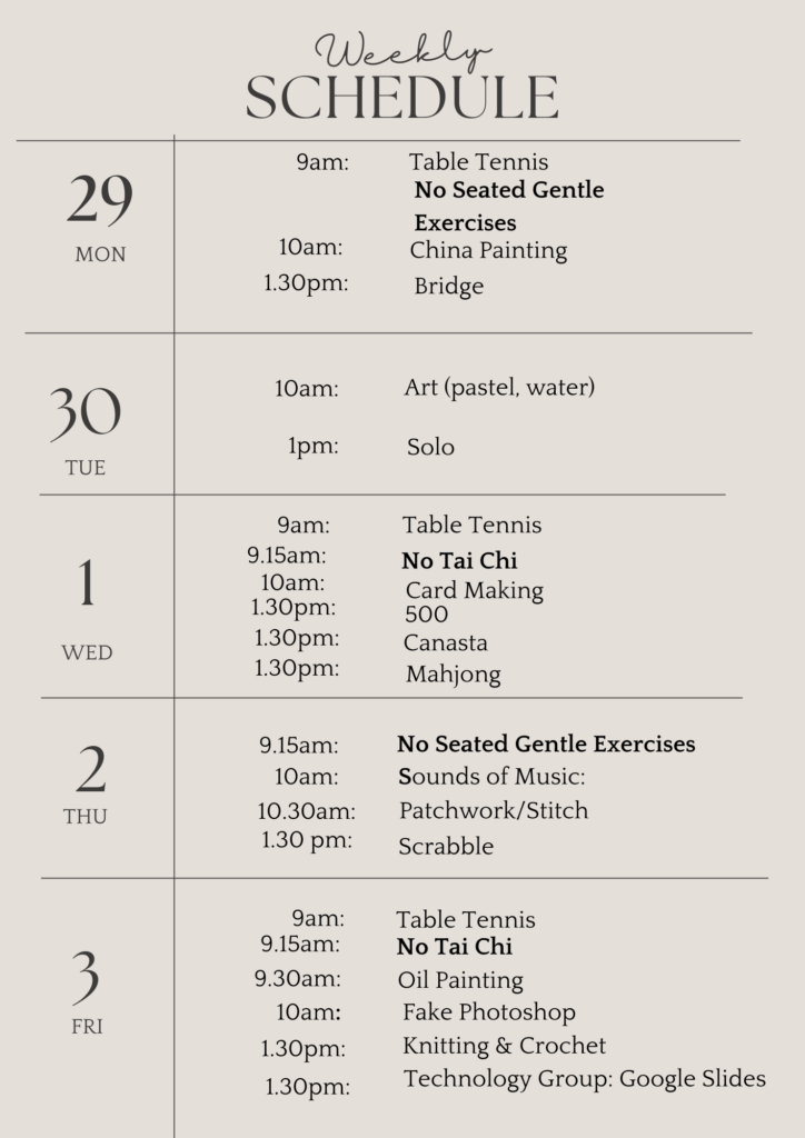u3a weekly schedule june 29th 2026