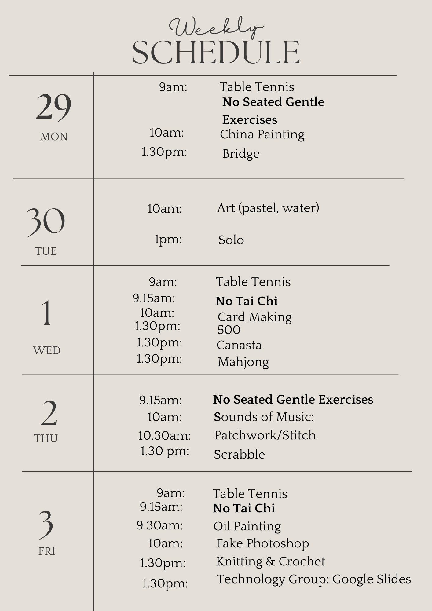 u3a weekly schedule june 29th 2026